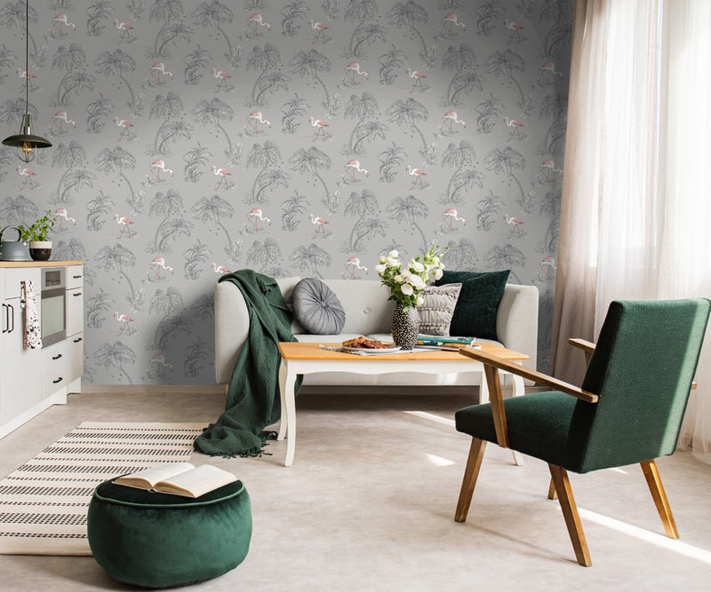 Flamingo Lakes Wallpaper - Grey/Coral