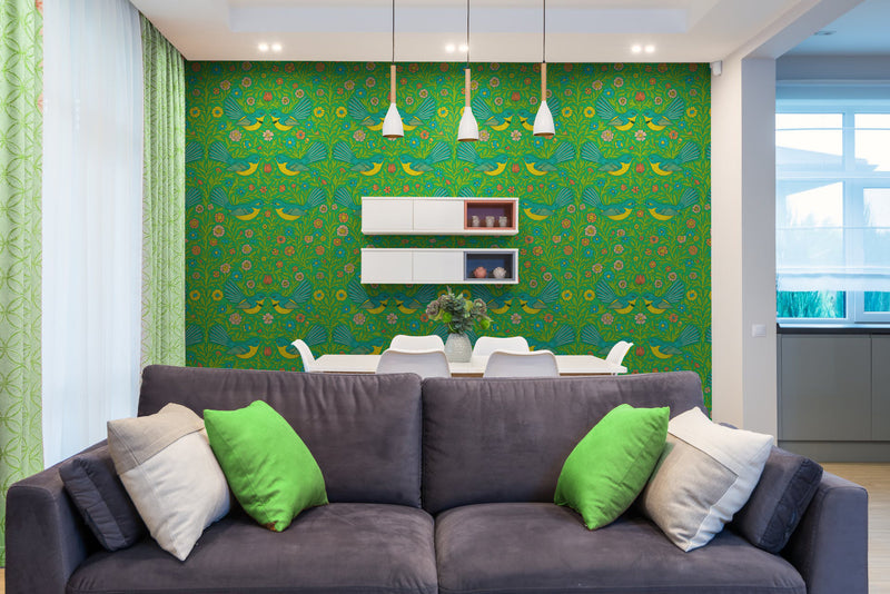 Floral Fantail Wallpaper - NZ Wallpaper - Green