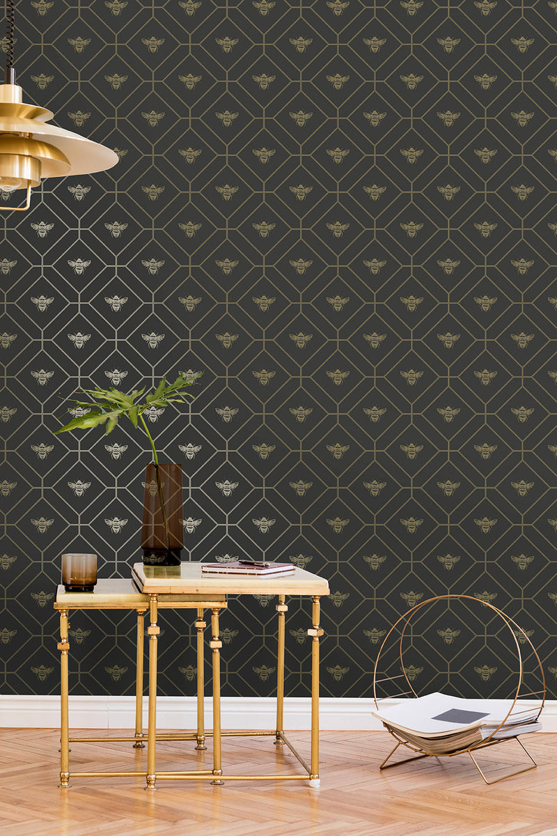 Honeycomb Bee - Geometric Metallic Wallpaper - Black - Charcoal