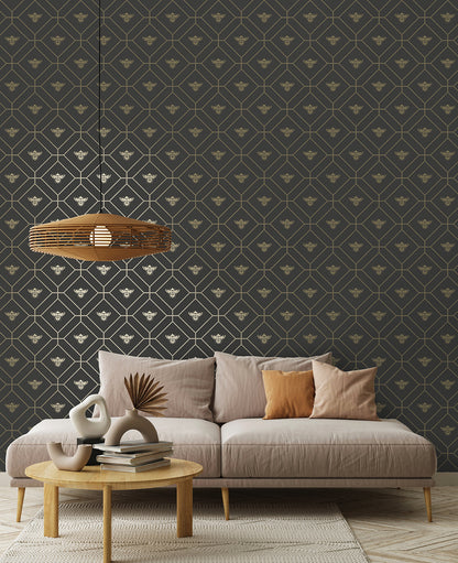 Honeycomb Bee - Geometric Metallic Wallpaper - Black/Charcoal