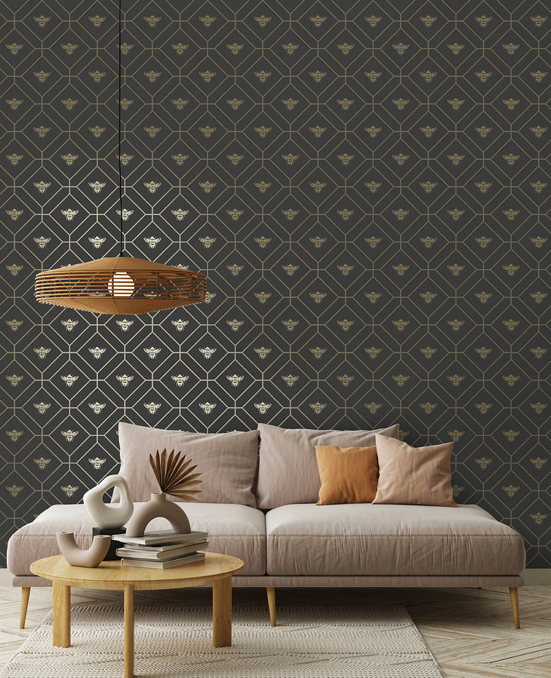 Honeycomb Bee - Geometric Metallic Wallpaper - Black - Charcoal