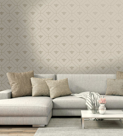 Honeycomb Bee - Geometric Metallic Wallpaper - Taupe