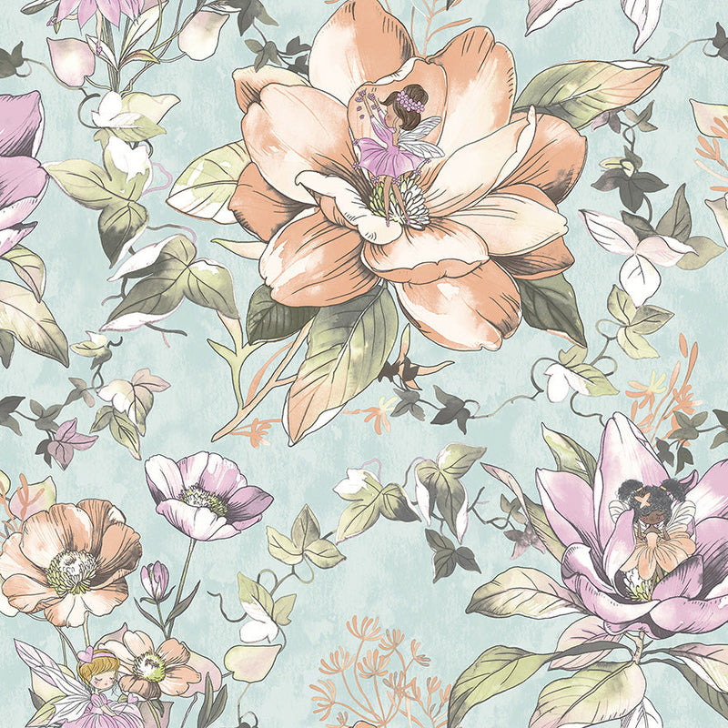 Floral Fairy Wallpaper - Blue/Green