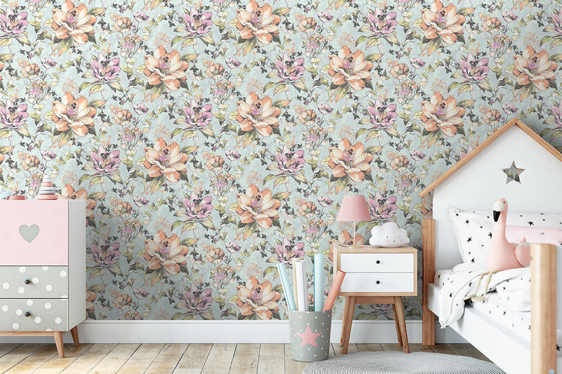 Floral Fairy Wallpaper - Blue/Green