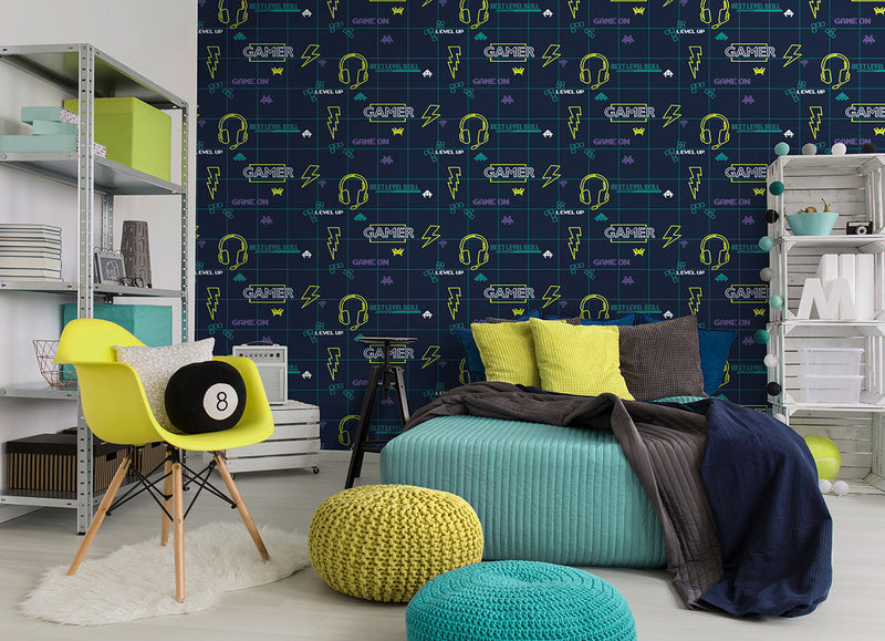 Gamer Wallpaper - Navy/Neon Yellow