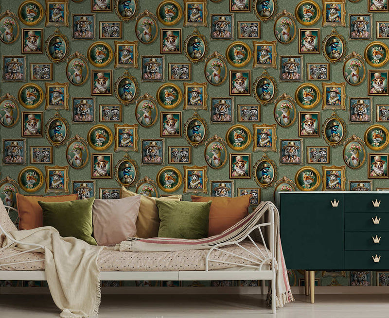Regal Beasts - Whimsical Animal Wallpaper - Sage