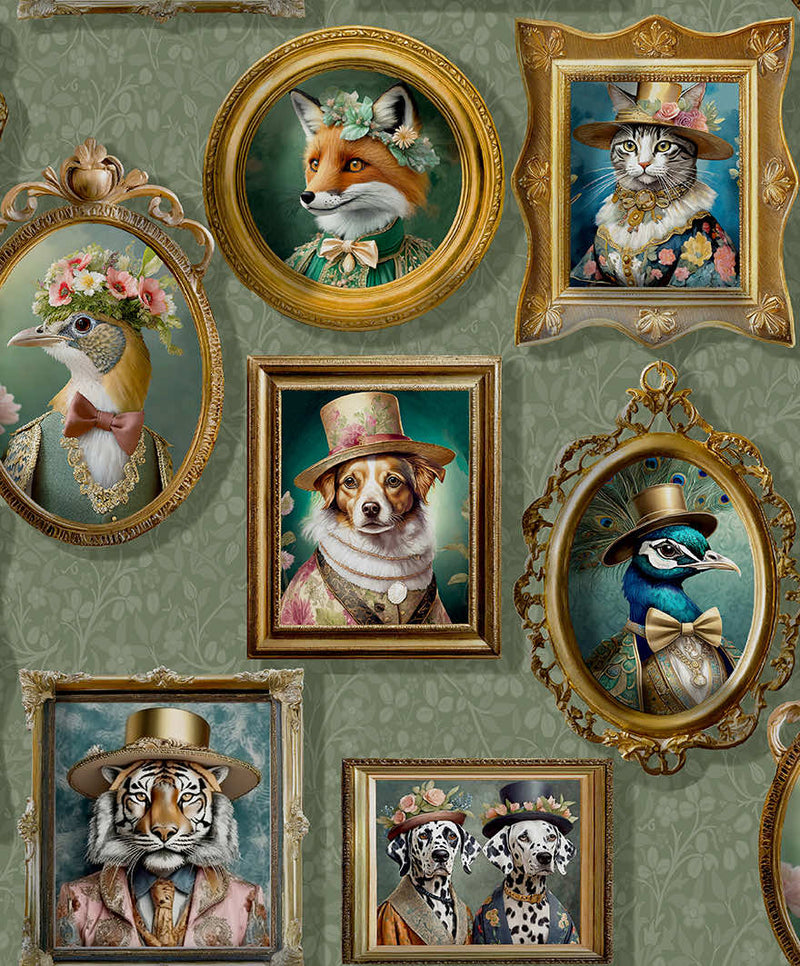 Regal Beasts - Whimsical Animal Wallpaper - Sage