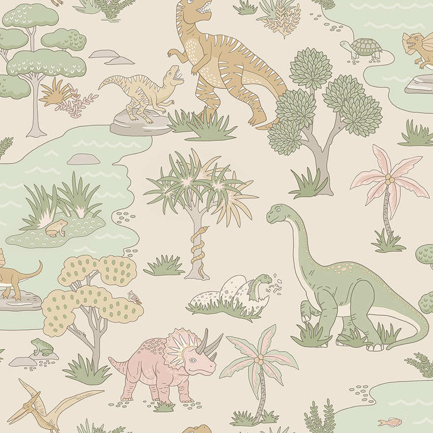 Dino Zoo Wallpaper - Pink/Sage