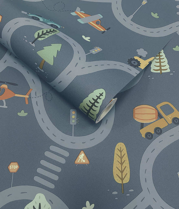 Sample - Roundabout Road Wallpaper - Denim Blue