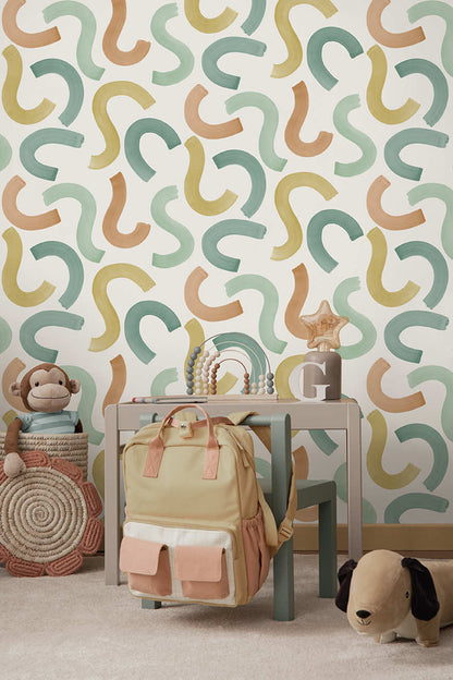 Curly Confetti Wallpaper - Teal/Ochre/Orange