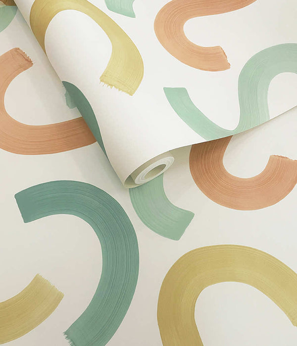 Sample – Curly Confetti Wallpaper – Teal/Ochre/Orange