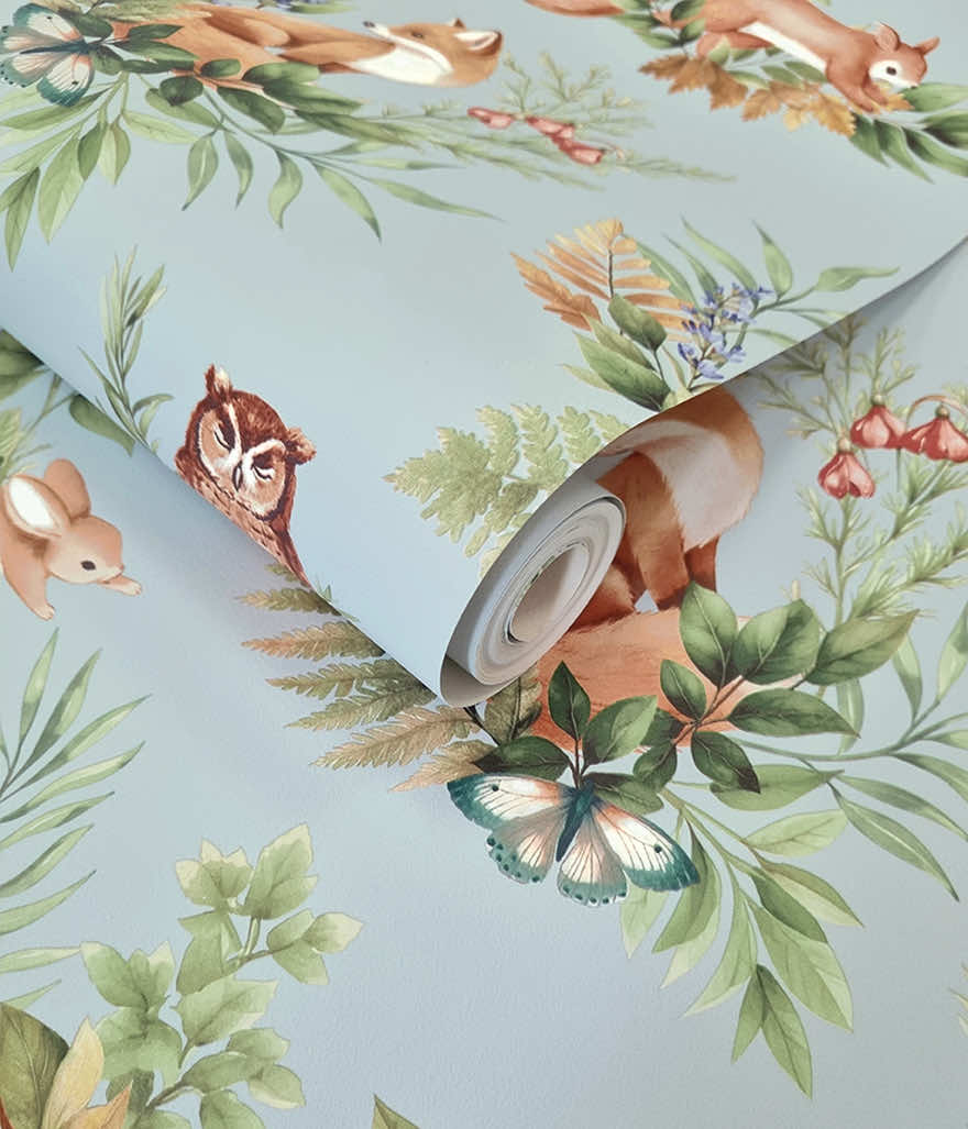 Forest Friends Wallpaper - Duck Egg Blue