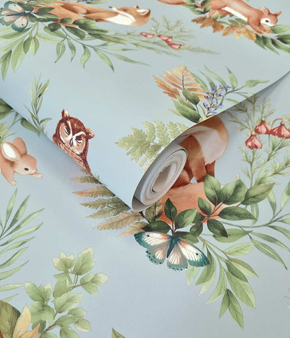 Forest Friends Wallpaper - Duck Egg Blue