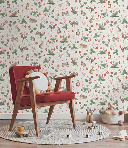 Bunnies & Berries Wallpaper - Cream