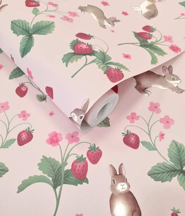 Sample - Bunnies & Berries Wallpaper - Pink