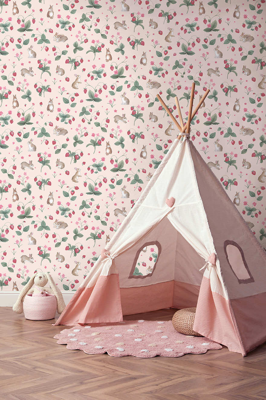 Bunnies & Berries Wallpaper - Pink
