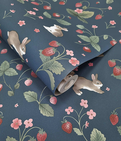 Bunnies & Berries Wallpaper - Navy