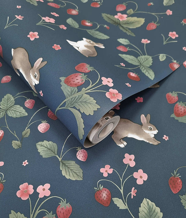 Sample - Bunnies & Berries Wallpaper - Navy