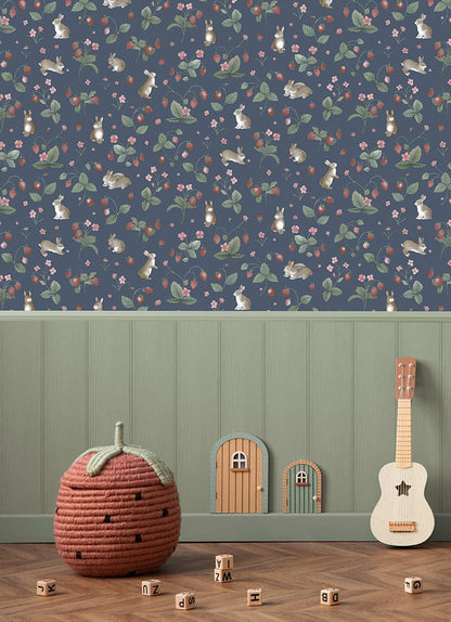 Bunnies & Berries Wallpaper - Navy