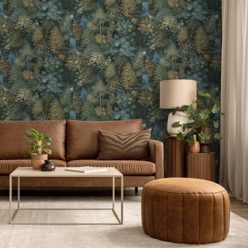 Midnight Woods - Wallpaper - Teal/Yellow