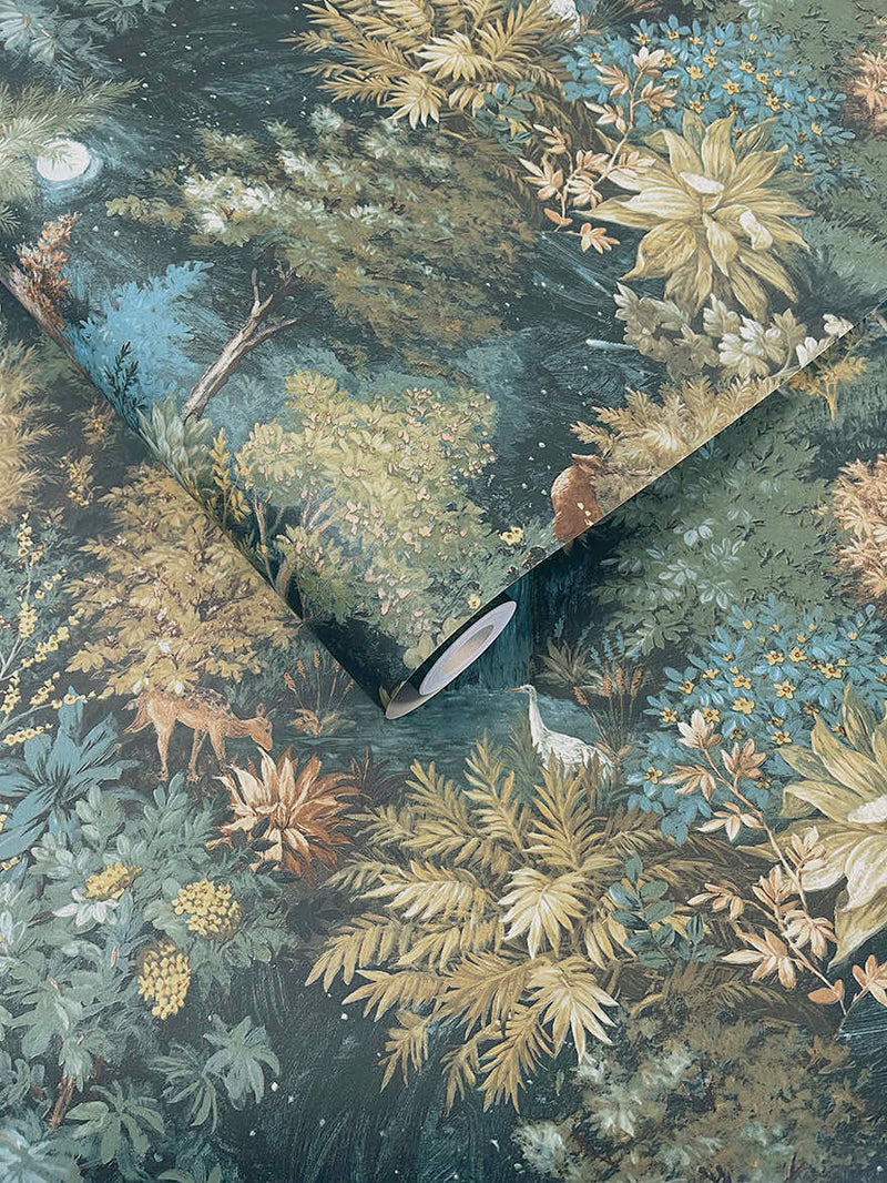 Midnight Woods - Wallpaper - Teal/Yellow