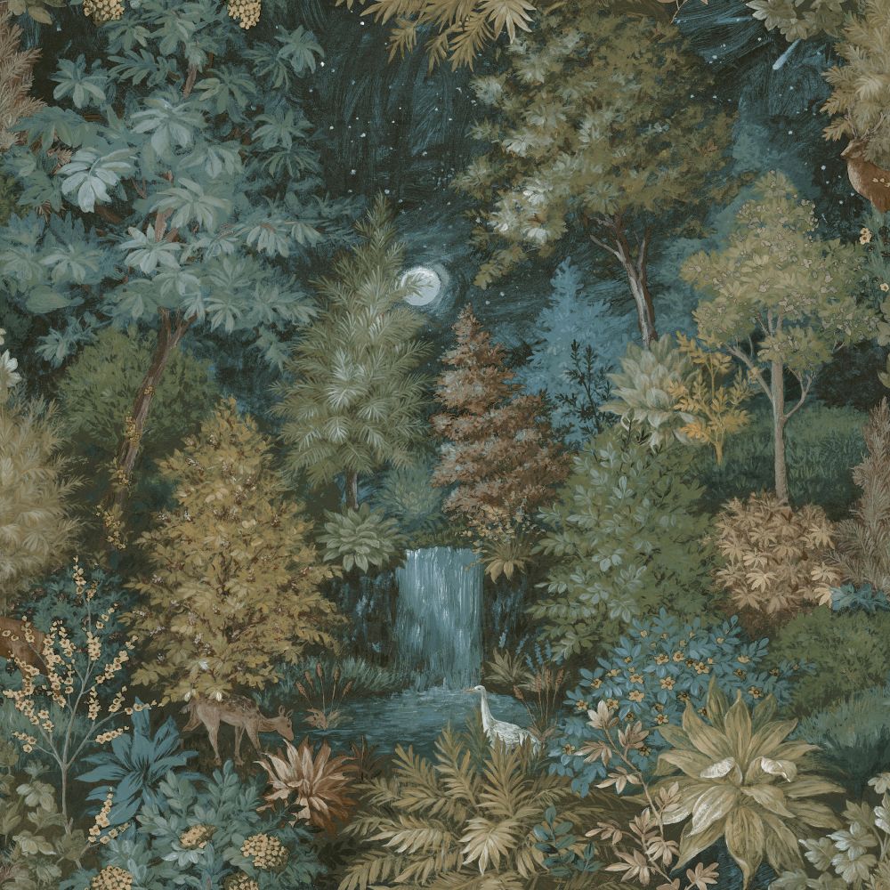Midnight Woods Wallpaper – Teal/Yellow