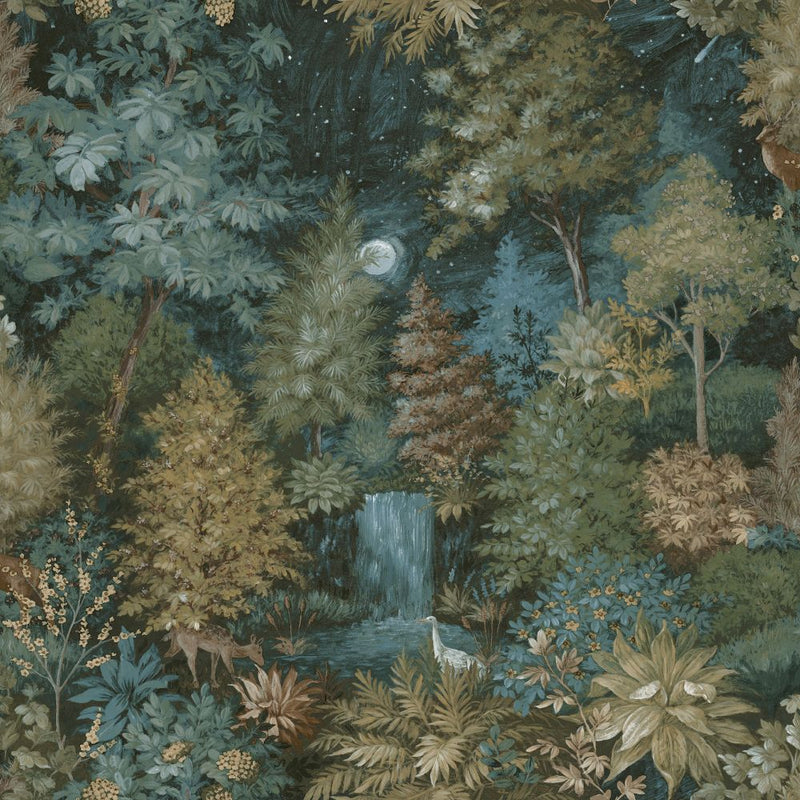 Midnight Woods - Wallpaper - Teal/Yellow