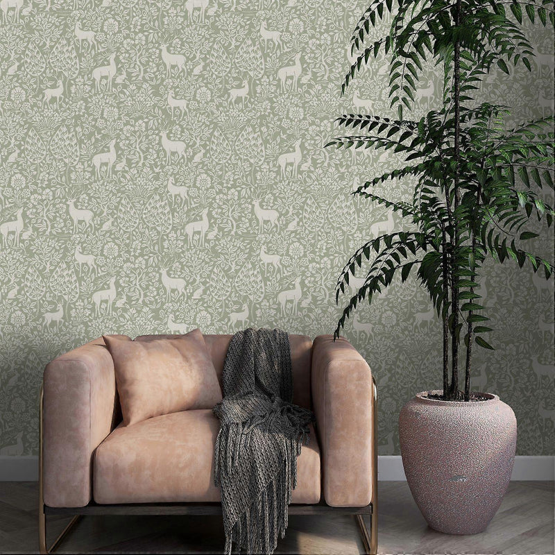 Deer Woods - Wallpaper - Sage