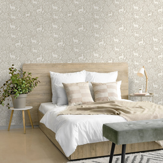 Deer Woods – Folk Forest Wallpaper – Taupe