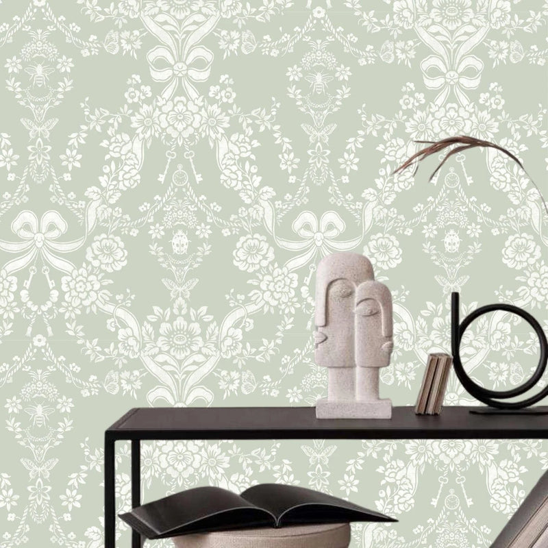 Sample - Bow Damask Wallpaper - Sage