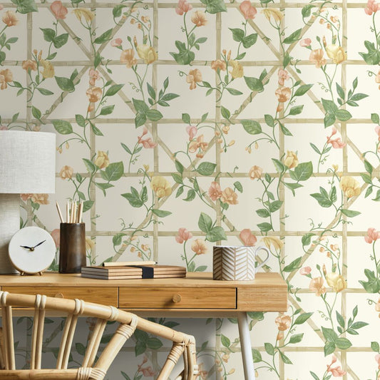 Trailing Floral Trellis Wallpaper - Orange Cream