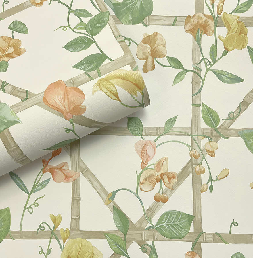 Trailing Floral Trellis Wallpaper - Orange Cream