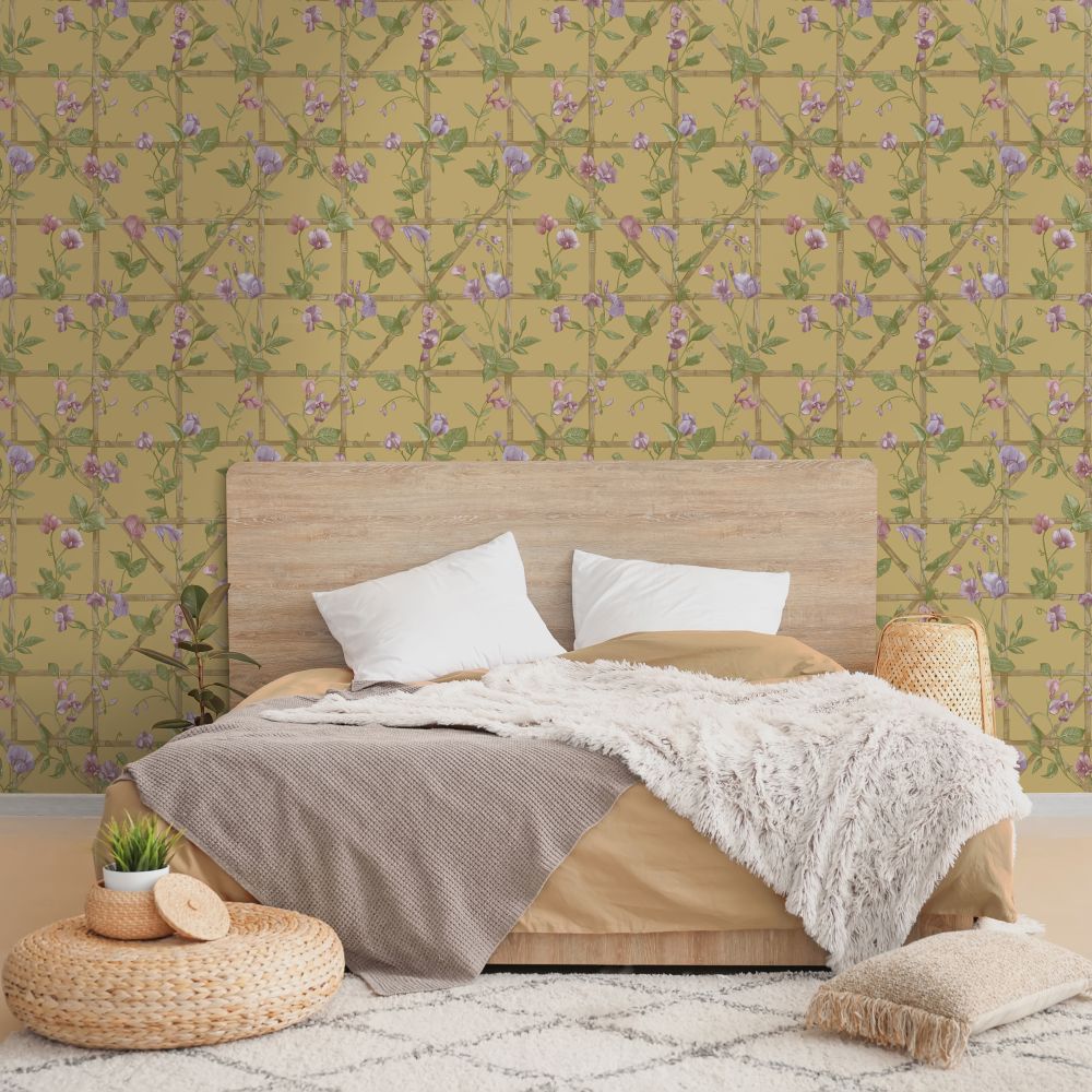 Trailing Floral Trellis Wallpaper - Ochre