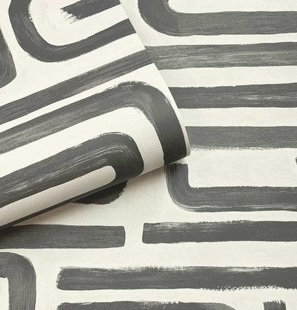 Brushed Geo – Hand Painted Geometric Wallpaper – Charcoal Cream