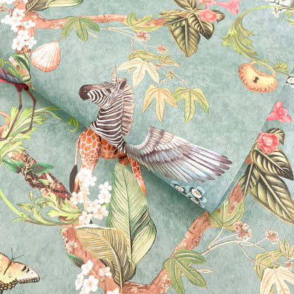 Safari Symphony – Whimsical Jungle Wallpaper – Soft Teal