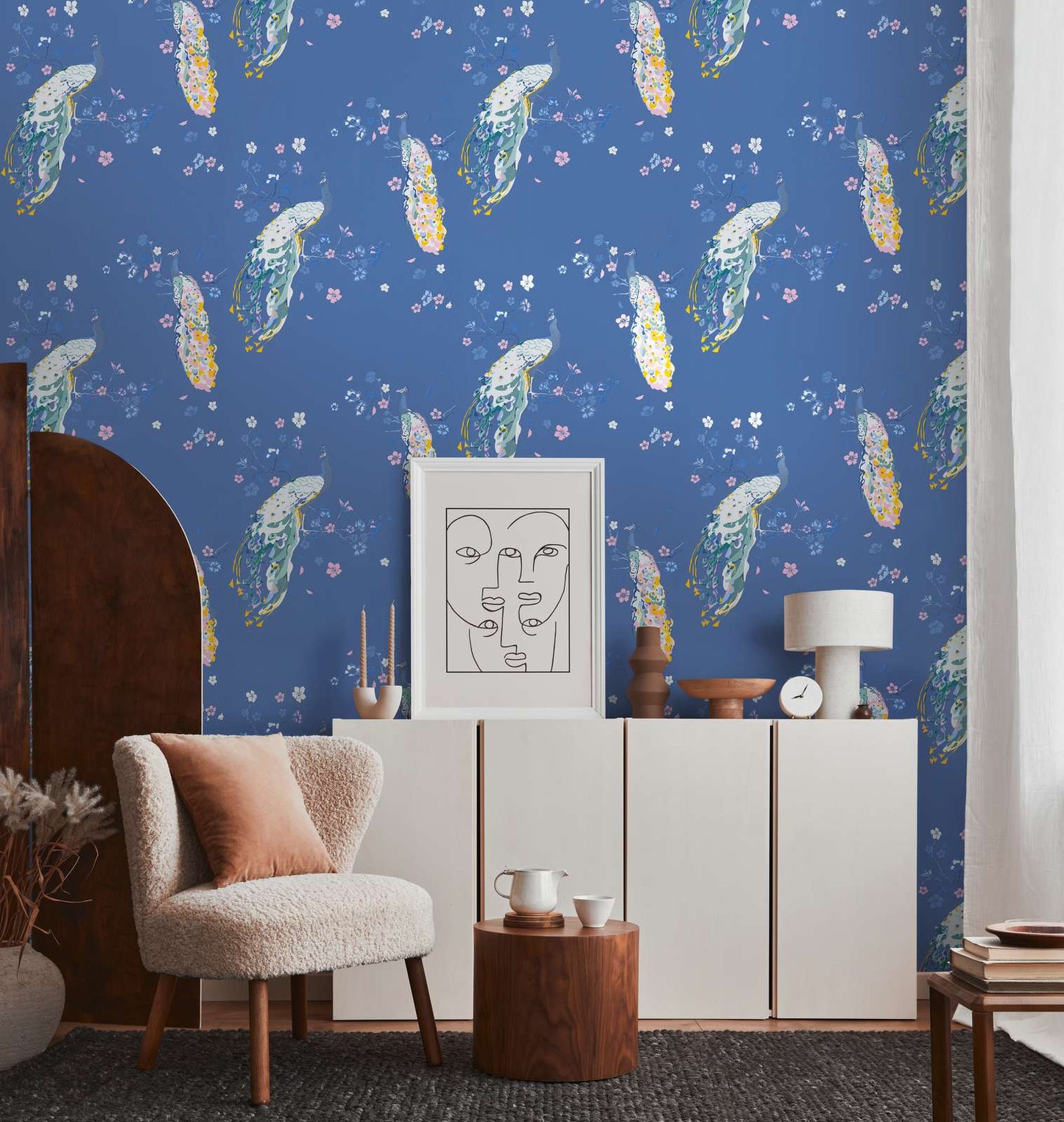 Majestic Peacock & Blossom Wallpaper - House of Turnowsky - Blue