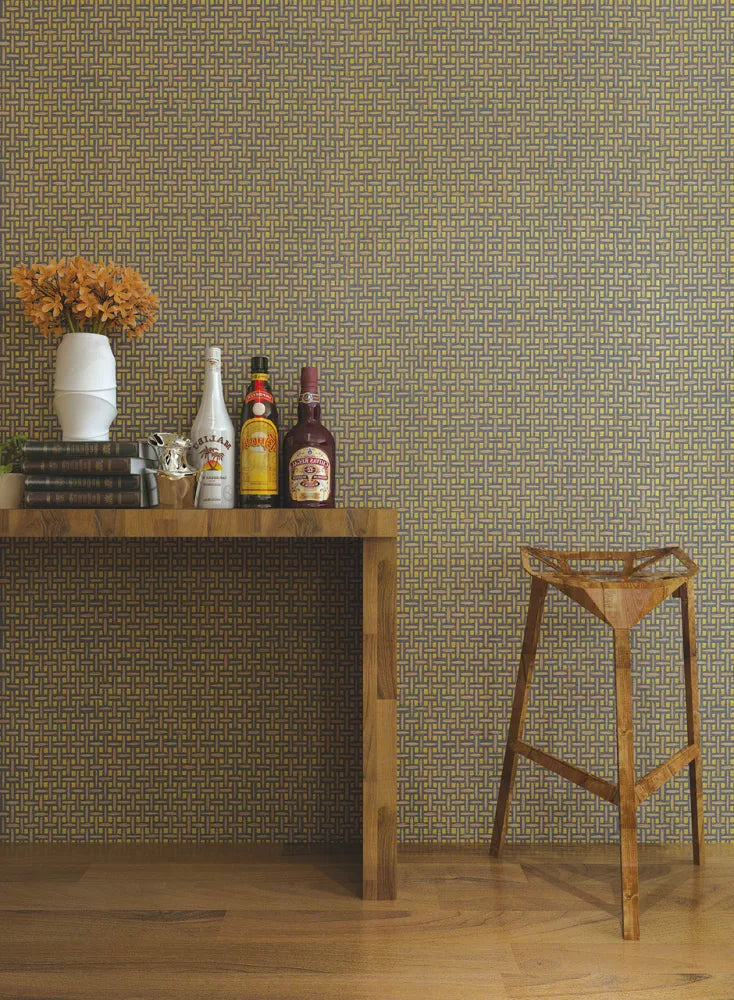Basket Weave Grass cloth Wallpaper - Ink Grey on Gold