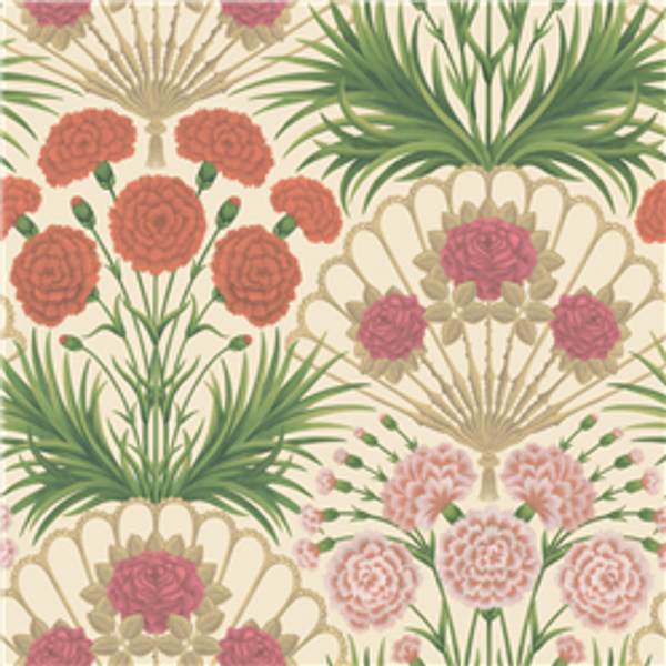Sample - Flamenco Fan Wallpaper - Fuchsia, Rouge & Metallic Gold on Cream