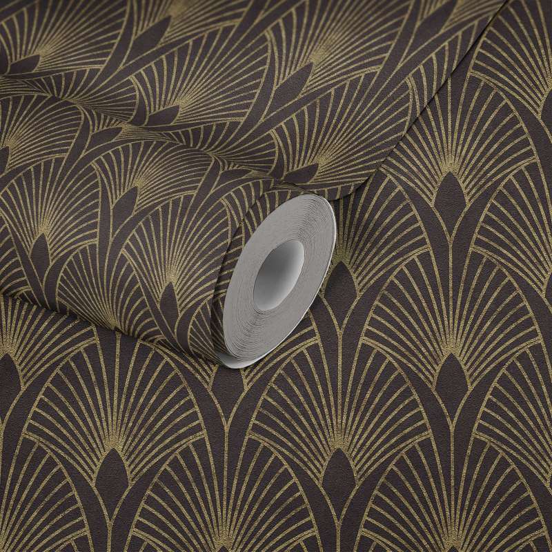 Art Deco Baroque Fans Wallpaper - Black/Gold