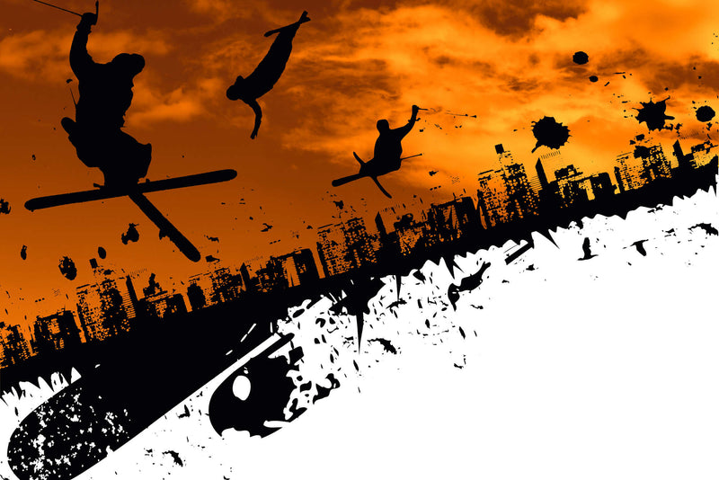 Grafitti Freestyle Skier With Skyline - Custom Sized Wallpaper Mural (per m2)