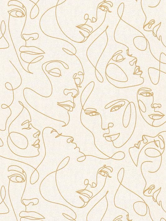 Muse Line Art Face wallpaper in gold – flat pattern