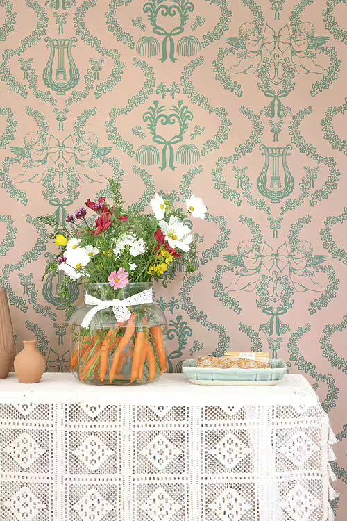 Flame of Love Cherub Toile Wallpaper – Heavenly Pink