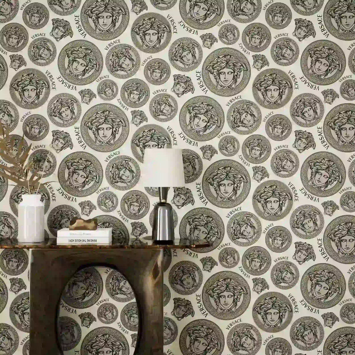 Medusa Plates Metallic Wallpaper (Versace 3 Collection) - Black & White