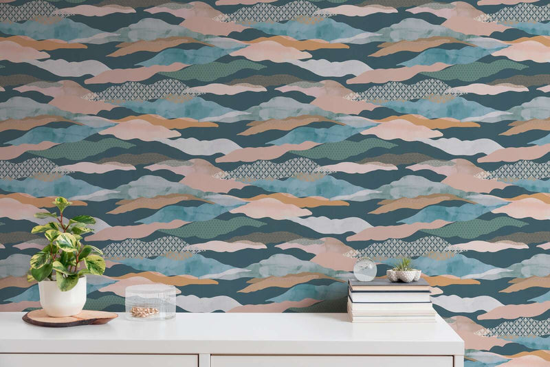 Graphic Wave and Palm Wallpaper - Blue/Green/Pink