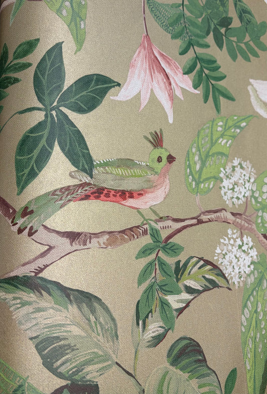 Birds Sing and Flowers Bloom Wallpaper - Gold Green