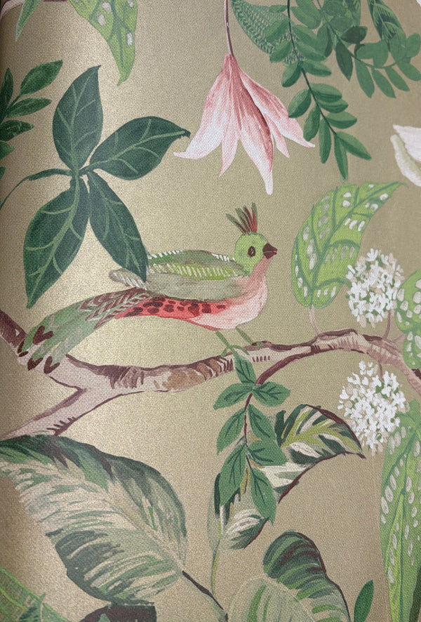 Sample - Birds Sing and Flowers Bloom Wallpaper - Gold Green