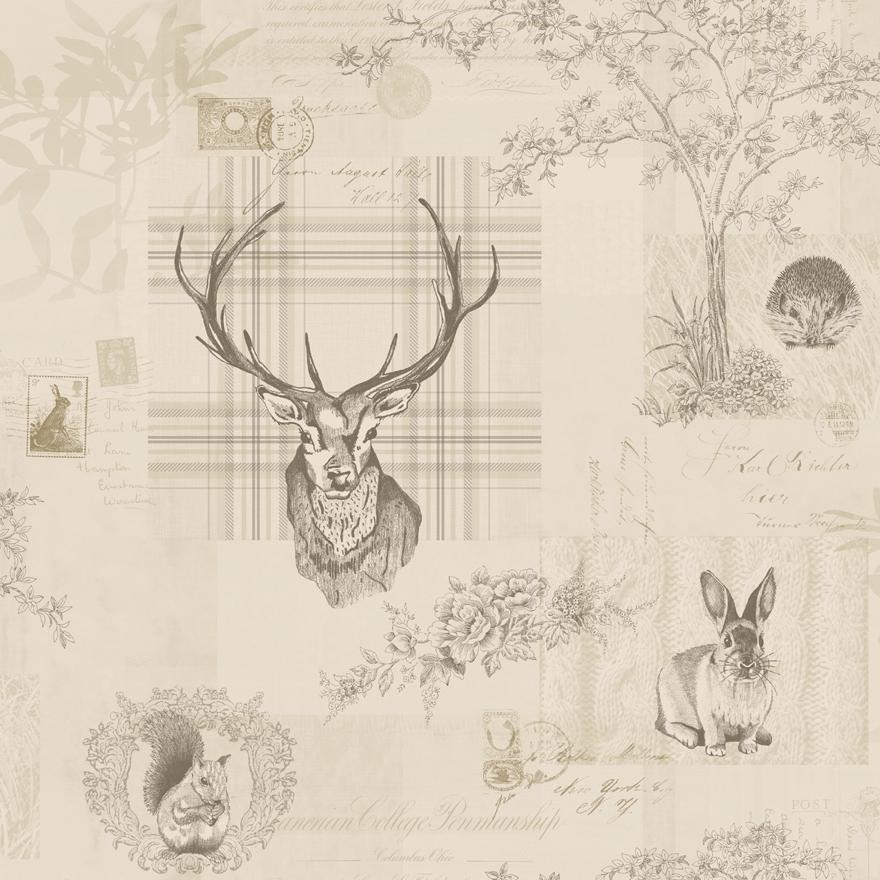 Sample - Richmond Deer Wallpaper - 2 Colours Beige/Charcoal / Roll