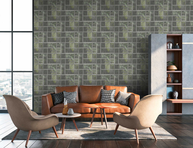 Palm Leaf Mosaic Wallpaper - Green/Grey