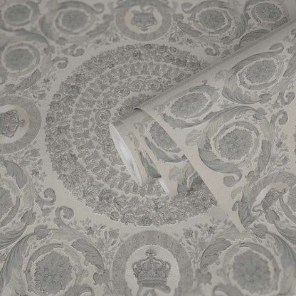 Versace Crown Moulding Wallpaper - Silver/Grey