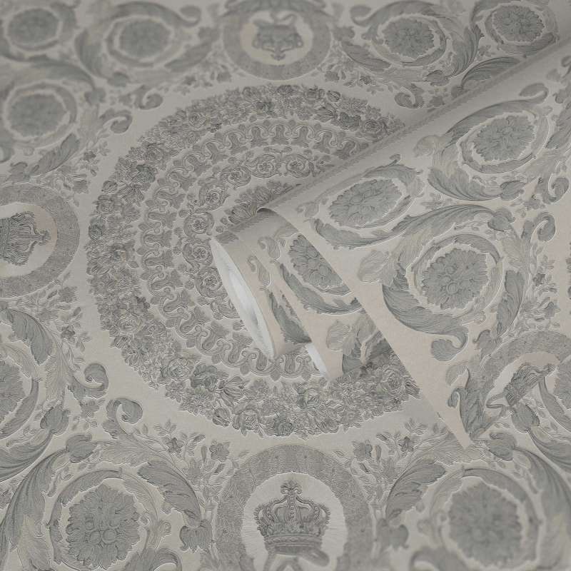 Versace Crown Moulding Wallpaper - Silver/Grey